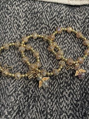 Set of 3 Gold and Clear Beaded Charm Bracelet Set - With Angel Charms